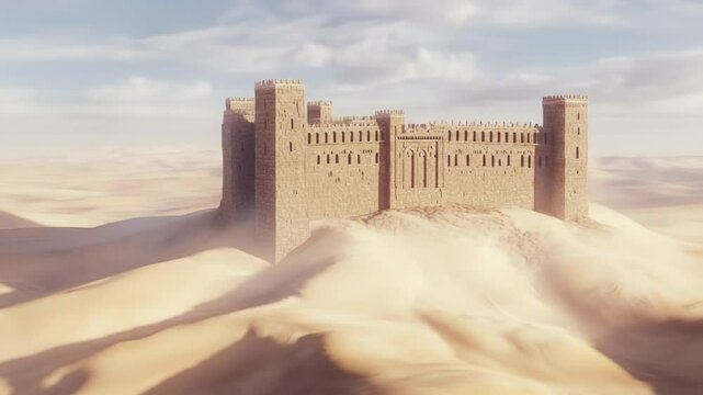 Desert fortress stands against hazy skies