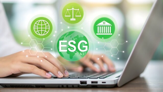 Person typing on laptop with esg icons environmental social