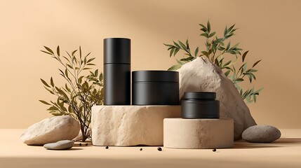 Cosmetic Product Display Featuring Black Jars and Natural Stone