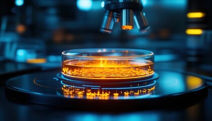 A glowing petri dish on a futuristic lab table, symbolizing groundbreaking research in medicine, cinematic lighting