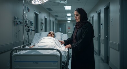 Anxious mother keeps vigil by her hospitalized daughter's bedside in a dimly lit hospital corridor.
