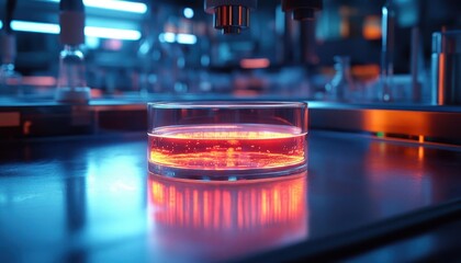 A glowing petri dish on a futuristic lab table, symbolizing groundbreaking research in medicine, cinematic lighting