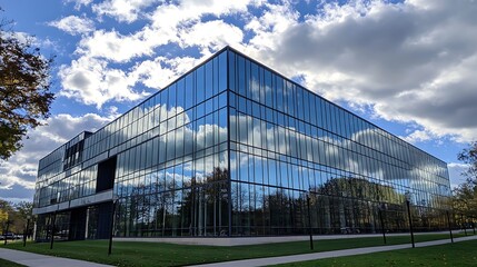 Fototapeta premium The modern architecture reflects blue skies and fluffy clouds on its large glass exterior