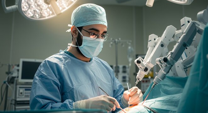Focused surgeon expertly uses robotic surgical instruments during a complex operation in a modern operating room.
