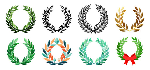 Obraz premium A collection of diverse laurel wreaths in various styles and colors, symbolizing victory, honor, and achievement. Ideal for certificates, logos, awards, branding, and celebratory designs.