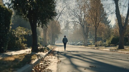 Cinematic, high-res, realistic shot of a person enjoying a brisk morning walk on a tree-lined street near home. Blurred neighborhood background, bright daylight. Sharp.