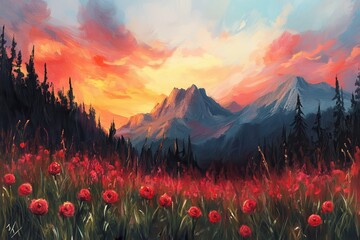 vibrant color visual of natural sunset sunrise over field with mountain