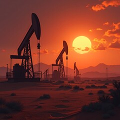 Oil Pumps at Sunset in the Desert