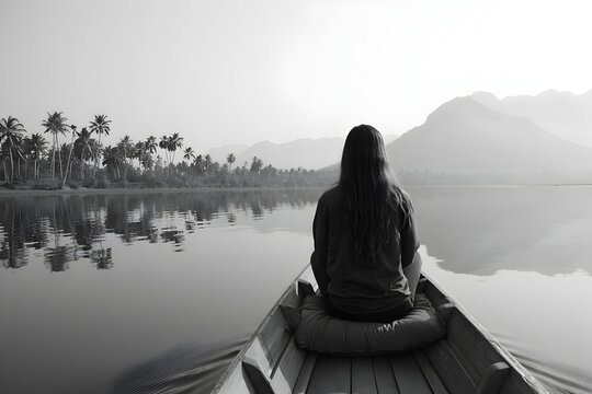 Woman in boat on calm water with palm trees and mountains in background black and white