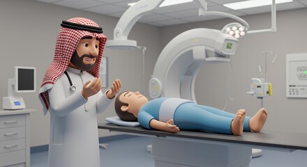 Compassionate Arab doctor offers comfort to a patient lying on a medical examination table in a modern hospital.