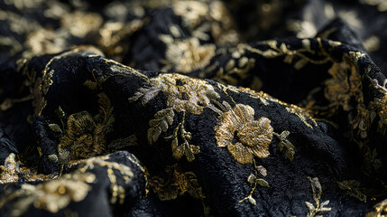 Luxurious black fabric with intricate gold floral embroidery, elegant abstract pattern