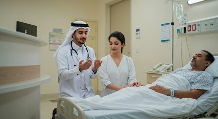 Compassionate doctors offer prayers and comfort to a patient resting in a hospital bed, showcasing healthcare's human touch.
