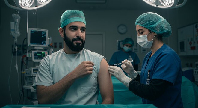 Focused medical professional administers a vaccination to a patient in a sterile hospital operating room setting.