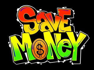 letter save money, illustration of word save money with simple graffiti pattern and bright colors