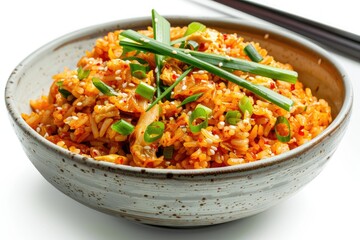 Spicy Vegan Kimchi Fried Rice with Scallions, Isolated on a White Background
