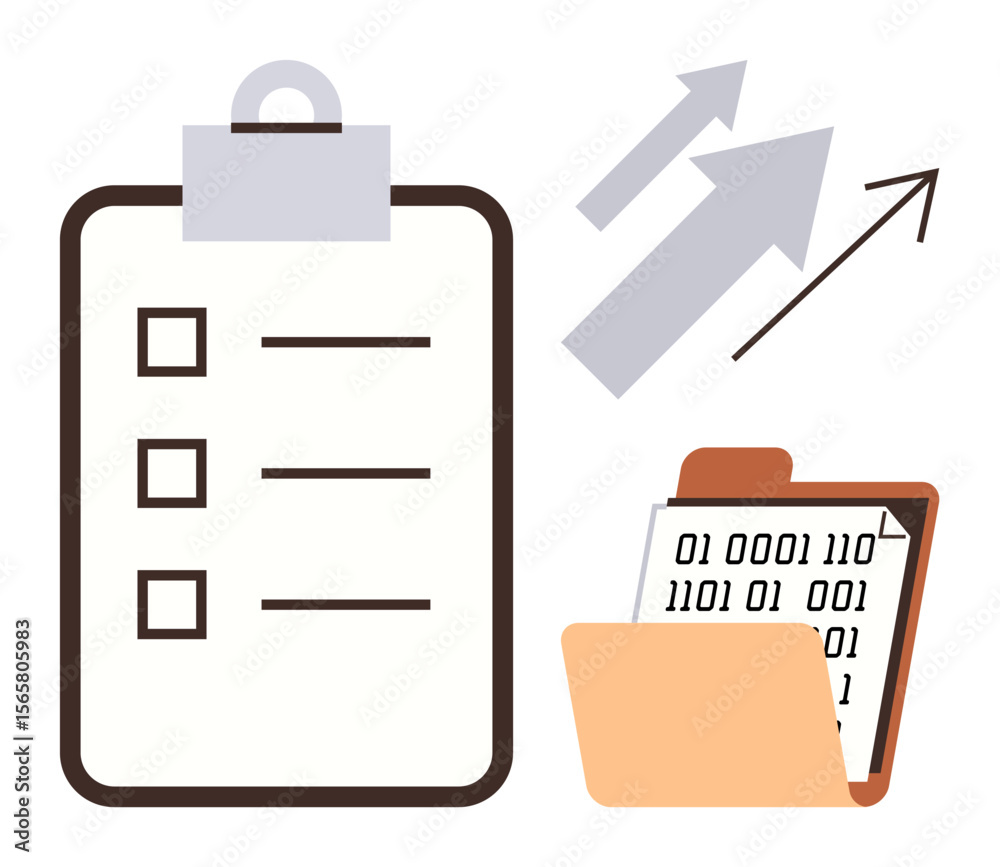 Poster clipboard with checklist, open folder with binary data, and upward arrows. ideal for planning, data 
