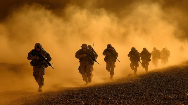Military personnel run through sandstorm