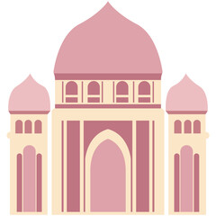 2D illustration of a traditional pink mosque with large dome and arched windows, great for Islamic holidays, education, or culture visuals.