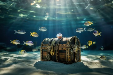 A photograph of a solitary, ornate sunken treasure chest resting on the sandy ocean floor