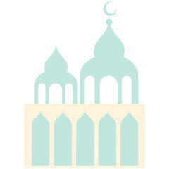 2D illustration of a pastel green mosque with three domes and crescent moon