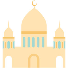 2D illustration of a yellow mosque with three minarets and crescent moon, perfect for Ramadan, Eid celebration, and Islamic holiday graphics.