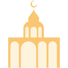 2D illustration of a yellow mosque with crescent moon and arched windows, ideal for Islamic holidays, Ramadan, and cultural graphic designs.
