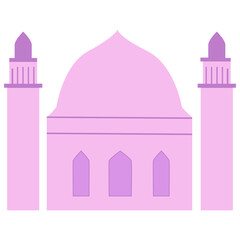 2D illustration of a pink mosque with two minarets and three arched windows, perfect for Eid, Ramadan, and Islamic themed projects.