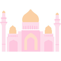 2D illustration of a pink mosque with golden domes and minarets, perfect for Islamic celebrations, Eid, and cultural designs.