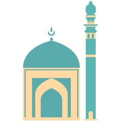 2D illustration of a teal mosque with a large dome and tall minaret, perfect for Islamic events, Ramadan, and religious designs.