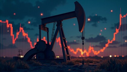 Oil Pump and Falling Stock Market Graph at Sunset
