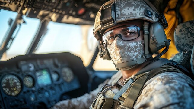 Military pilot in helicopter cockpit