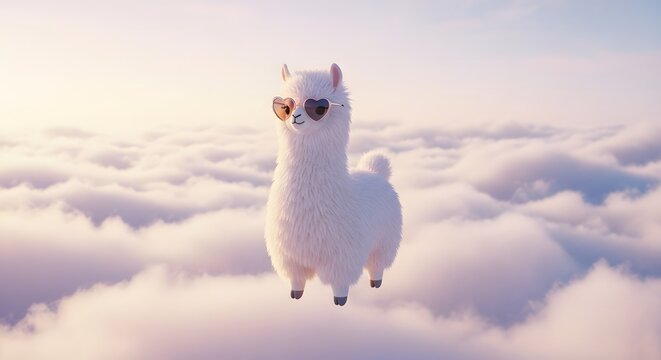 Adorable fluffy white cartoon llama wearing heart shaped sunglasses floating peacefully in a soft pastel sky above a sea of clouds - Powered by Adobe