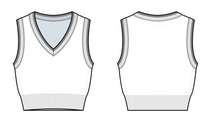 Ribbed V-Neck Sweater Vest Technical Fashion Illustration. Sleeveless Knit Pullover Vest Vector Template. Front and Back View. Unisex Preppy Style. CAD Mockup.