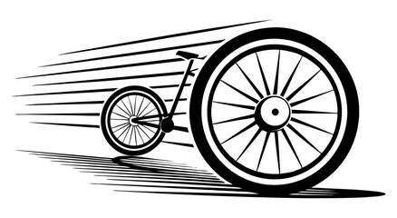 A dynamic black and white illustration of a vintage penny-farthing bicycle speeding forward, with motion lines conveying rapid movement and a sense of nostalgia.