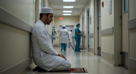 A Muslim doctor finds solace in prayer, kneeling in a quiet hospital hallway, away from the bustling medical environment.