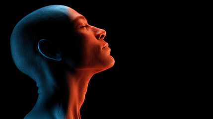 Human face Profile Side view Blue light Orange light Calm expression Human face profile with blue and orange lighting creating