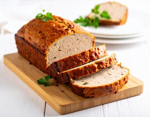 A sliced meatloaf with gravy, presented on a wooden board, a classic comfort food.