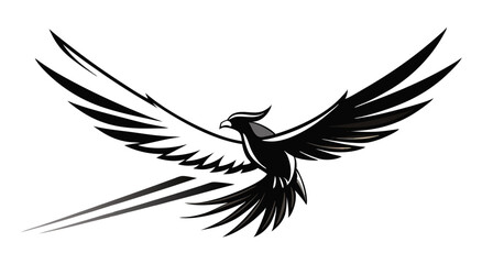 Obraz premium A dynamic black and white illustration of a majestic bird in flight with outstretched wings, featuring sleek lines and a bold design that conveys power, freedom, and speed.