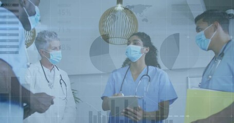 Nurse tapping tablet and initiating chart overlays while team reviewing data for medical planning - Powered by Adobe