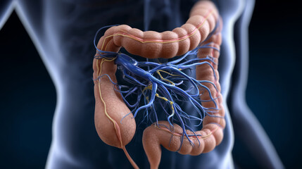 Human large intestine anatomy with vascular system and nerves, detailed medical illustration showing digestion process