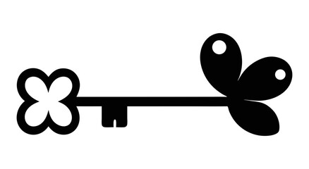 A stylized black and white illustration of a unique key, featuring a shamrock-shaped bow on one end and two leaf-like elements on the other, blending security with nature.