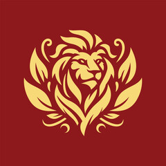 Fototapeta premium Lion with leaf and stem ornament logo. A noble and elegant symbol representing strength, nature, and prestige. Perfect for royal, eco, or heritage brand identity.