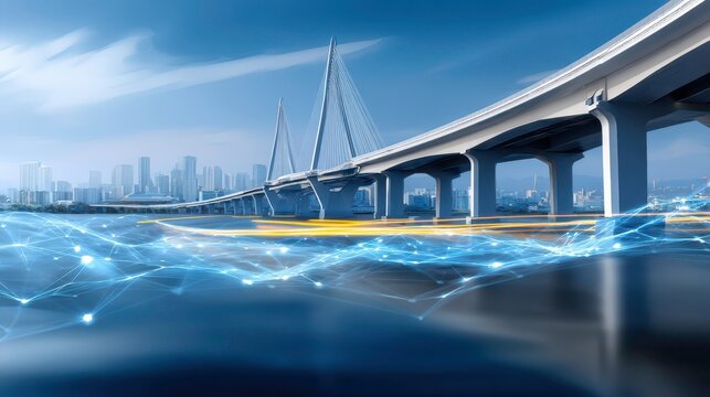 Smart City Network Bridge Technology, Digital Connectivity Concept. Future Transportation