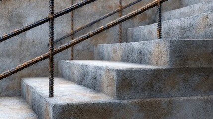 Detailed view of weathered concrete stairs with metallic railings showcasing textures and design, perfect for architecture and construction projects.
