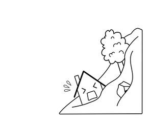 土砂崩れに巻き込まれる家のシンプルな白黒イラスト