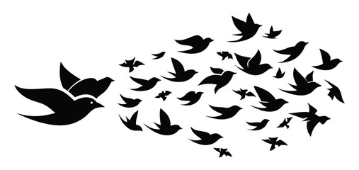 A dynamic black and white illustration depicting a flock of birds in silhouette, with a few larger birds leading a scattered group, symbolizing freedom, migration, and collective movement.