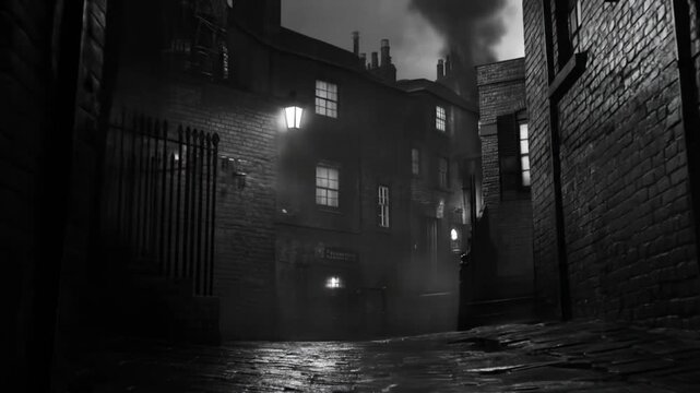 Foggy Victorian alleyway with gaslights and brick buildings