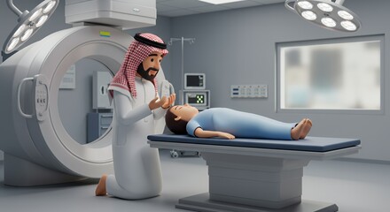 Compassionate doctor in traditional attire offers comfort to a young patient resting on a medical table in a sterile hospital room.