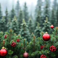 copy space for text background Christmas Green Pine Forest with Red Ornaments concept