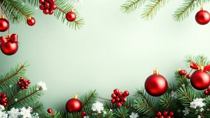 copy space for text background Christmas Green Pine Forest with Red Ornaments concept